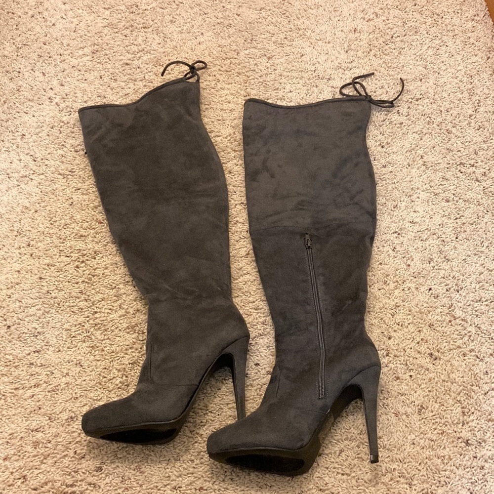 Gray suede over the knee boots